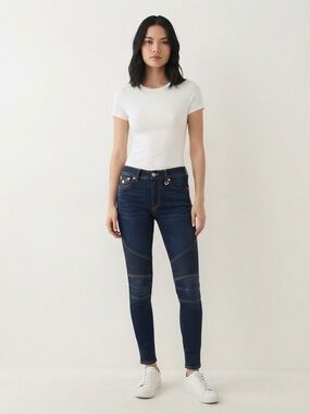 True Religion| Dark Wash Moto Pull-On Stretch Skinny Jeggings Jeans w/Charm Sz M